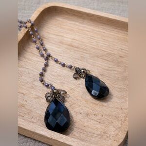 Vintage Artisan Purple Beaded Wrap Necklace Double Drop Pendant Filagree Flowers